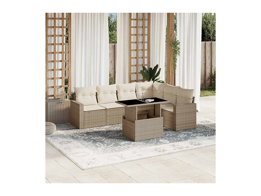 Salon de jardin avec coussins 7 pcs beige résine tressée