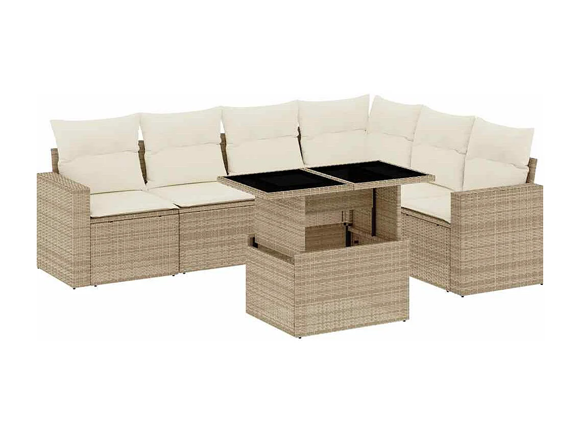 7-delige Loungeset met kussens poly rattan beige