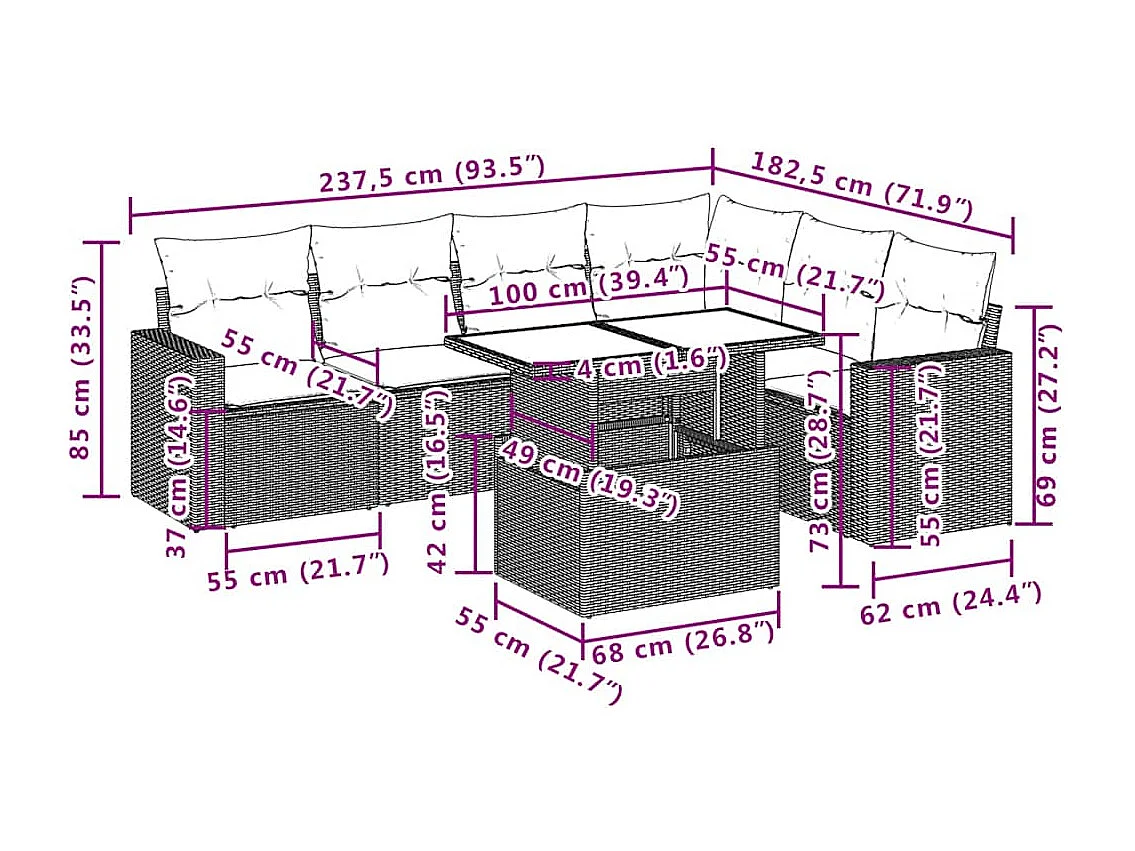 7-delige Loungeset met kussens poly rattan beige