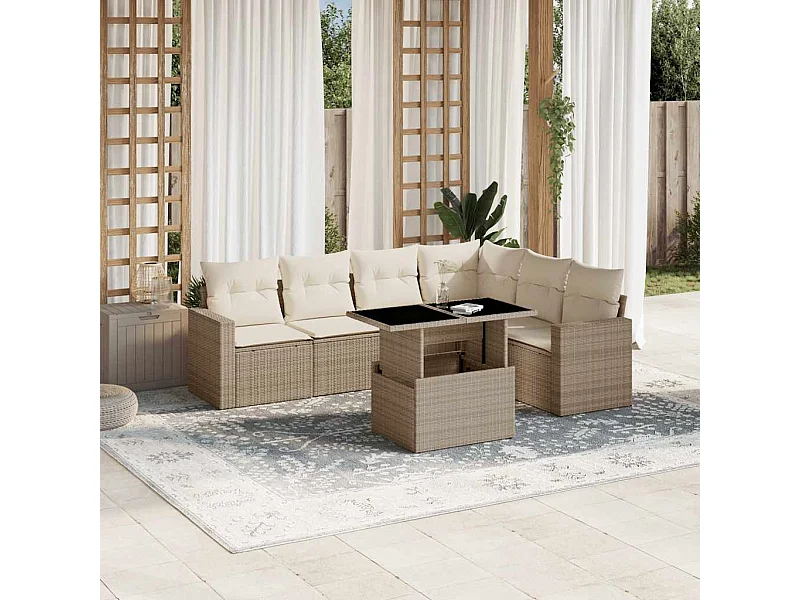 Salon de jardin avec coussins 7 pcs beige résine tressée