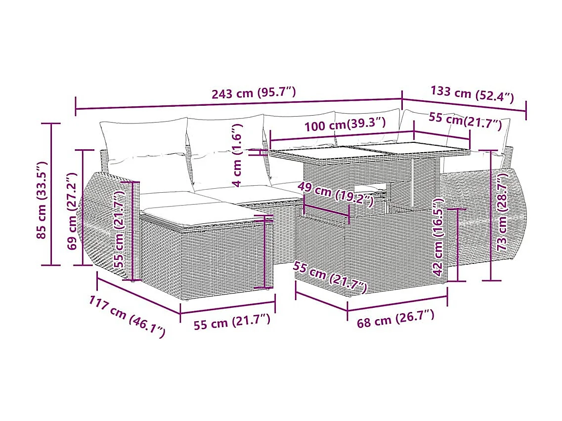 Salon de jardin avec coussins 7 pcs marron résine tressée