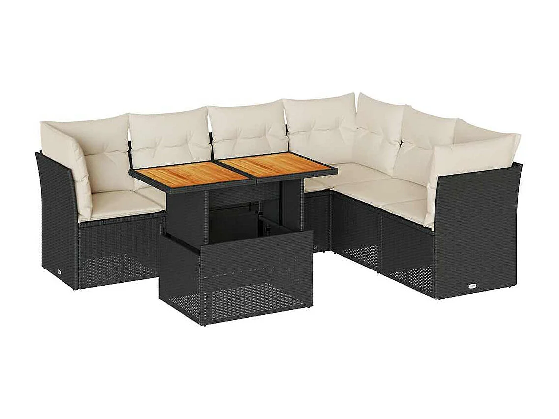 7-delige Loungeset met kussens poly rattan zwart