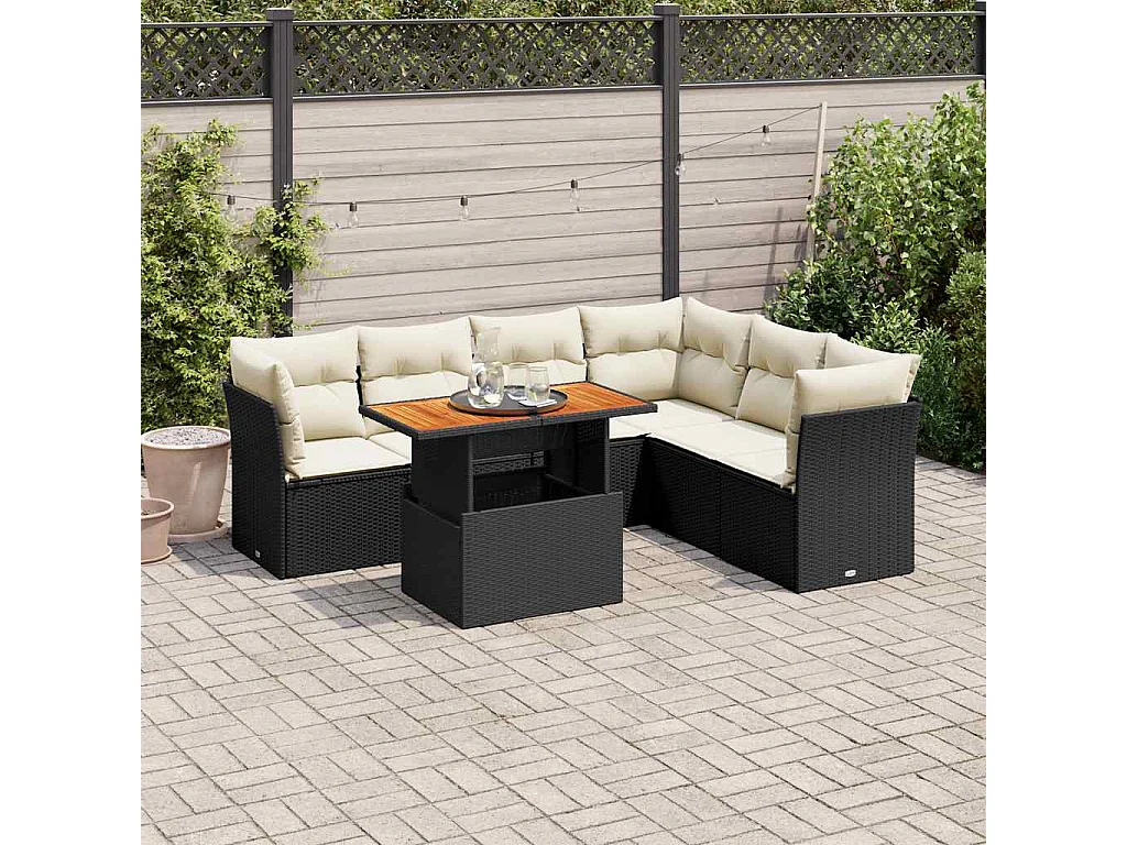 7-delige Loungeset met kussens poly rattan zwart