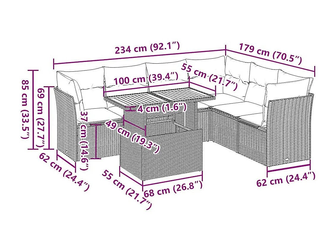 7-delige Loungeset met kussens poly rattan zwart