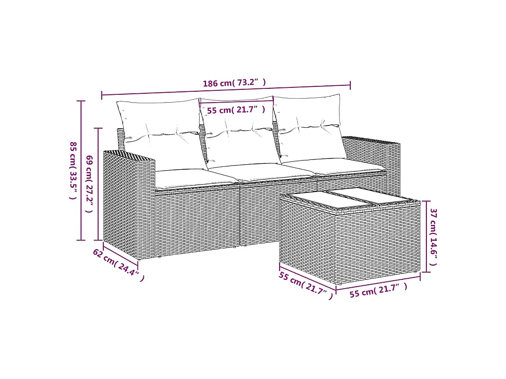 Set de sofás de jardín 4 pzas y cojines ratán sintético marrón