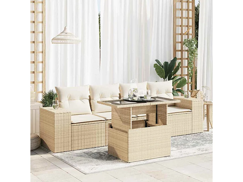 5-delige Loungeset met kussens poly rattan beige