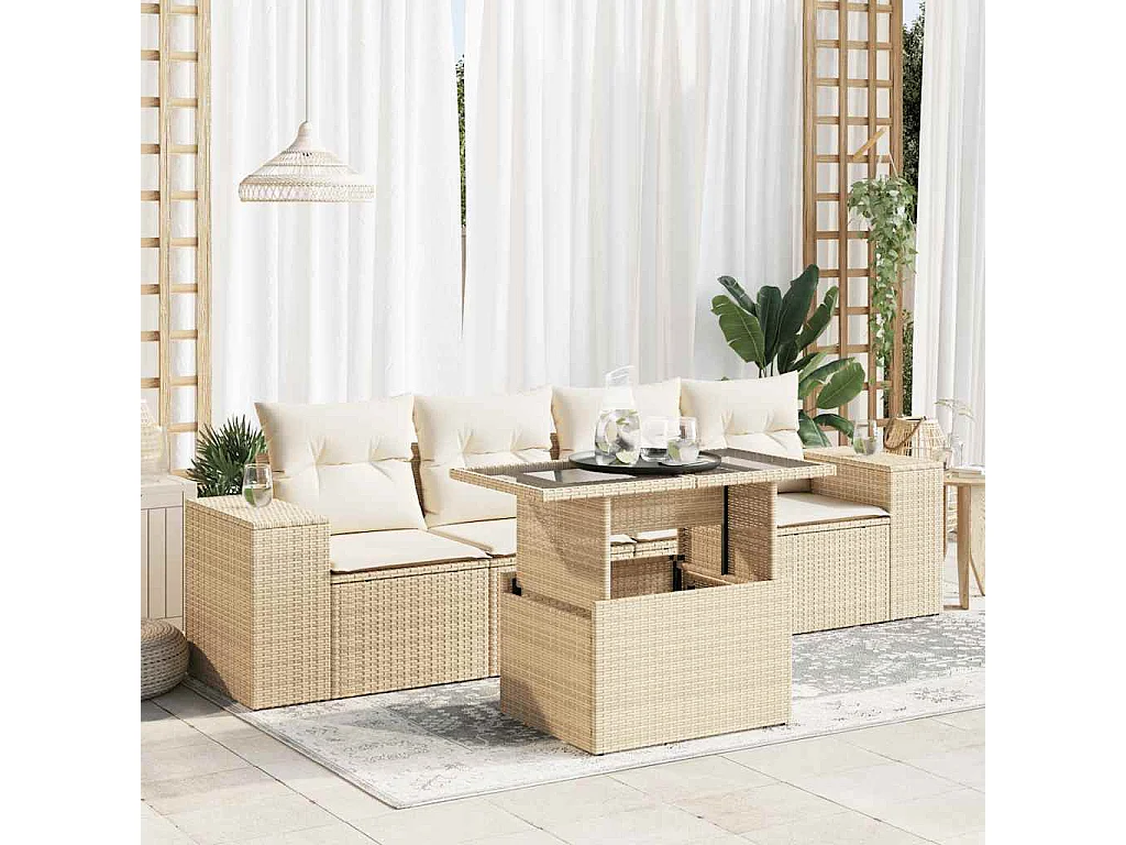 Set Divano da Giardino 5 pz con Cuscini Beige in Polyrattan