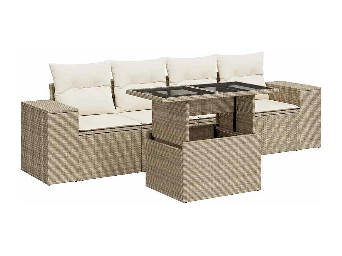 Set Divano da Giardino 5 pz con Cuscini Beige in Polyrattan