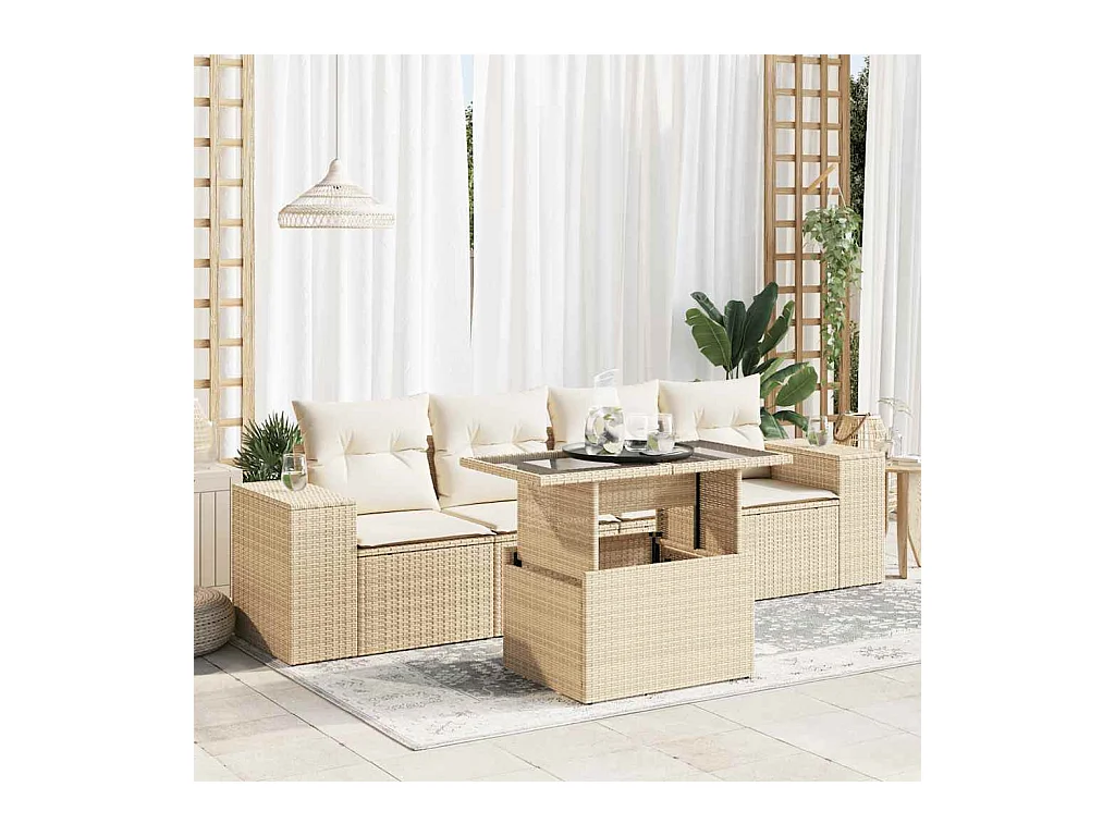 Salon de jardin avec coussins 5 pcs beige résine tressée