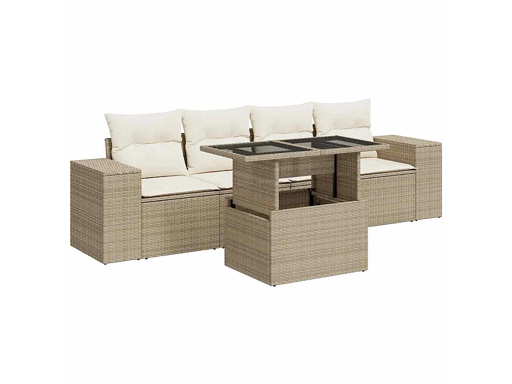 Set Divano da Giardino 5 pz con Cuscini Beige in Polyrattan