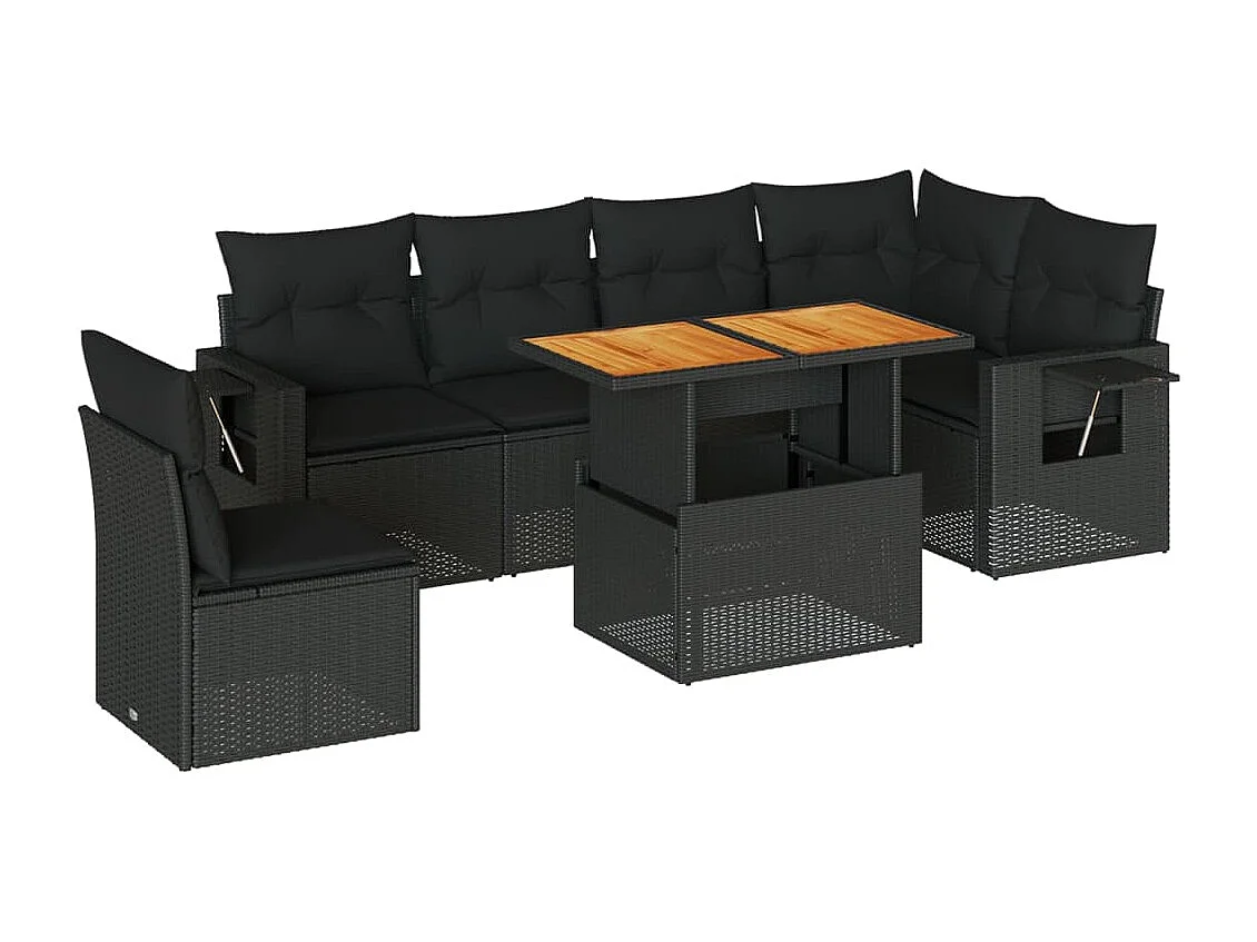 Salon de jardin 7 pcs avec coussins noir résine tressée