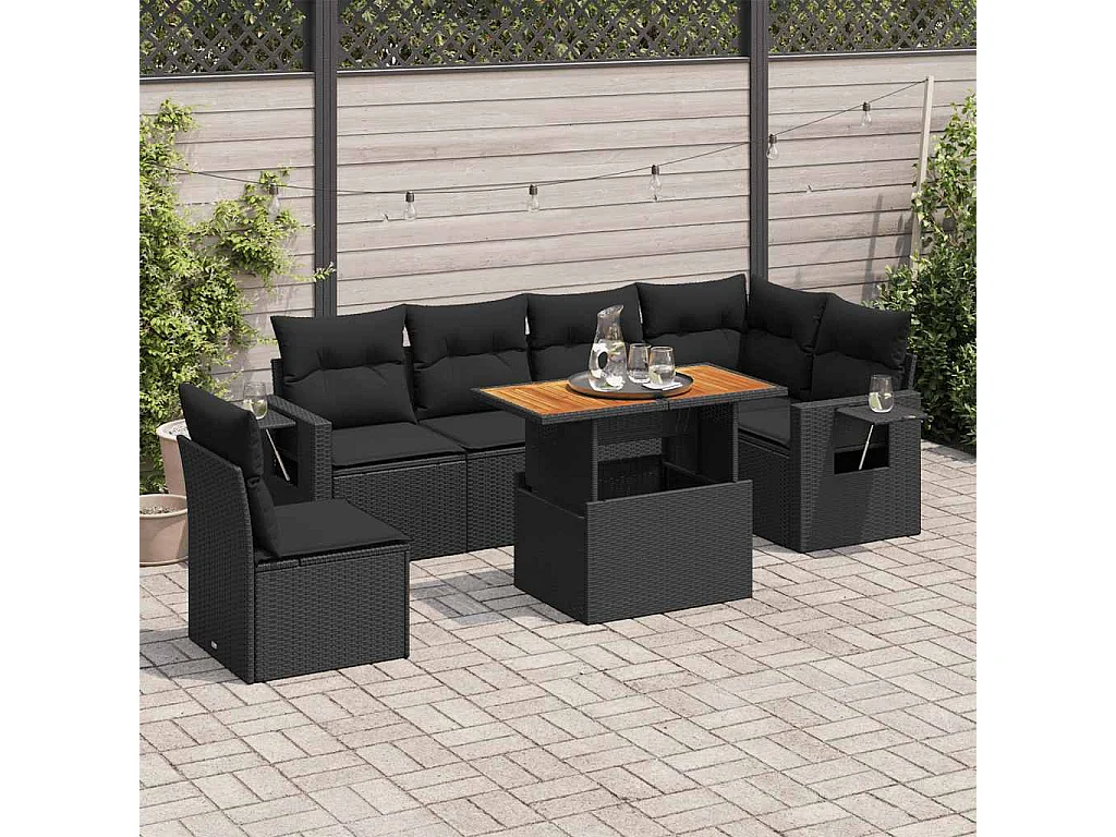 Salon de jardin 7 pcs avec coussins noir résine tressée