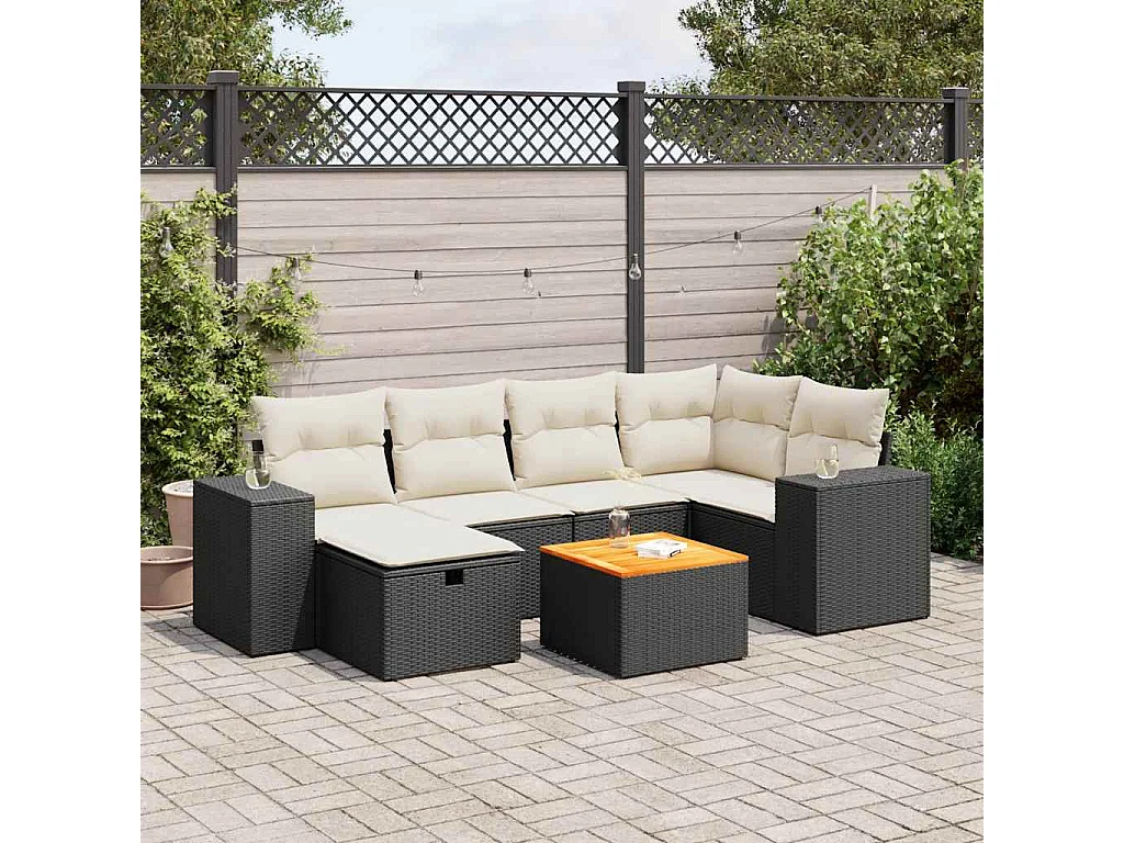 Salon de jardin 7 pcs avec coussins noir résine tressée