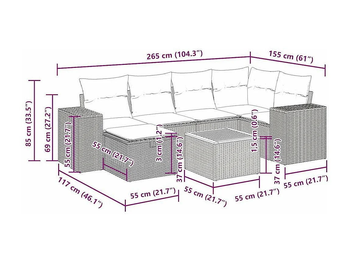 7-tlg. Garten-Sofagarnitur mit Kissen Schwarz Poly Rattan