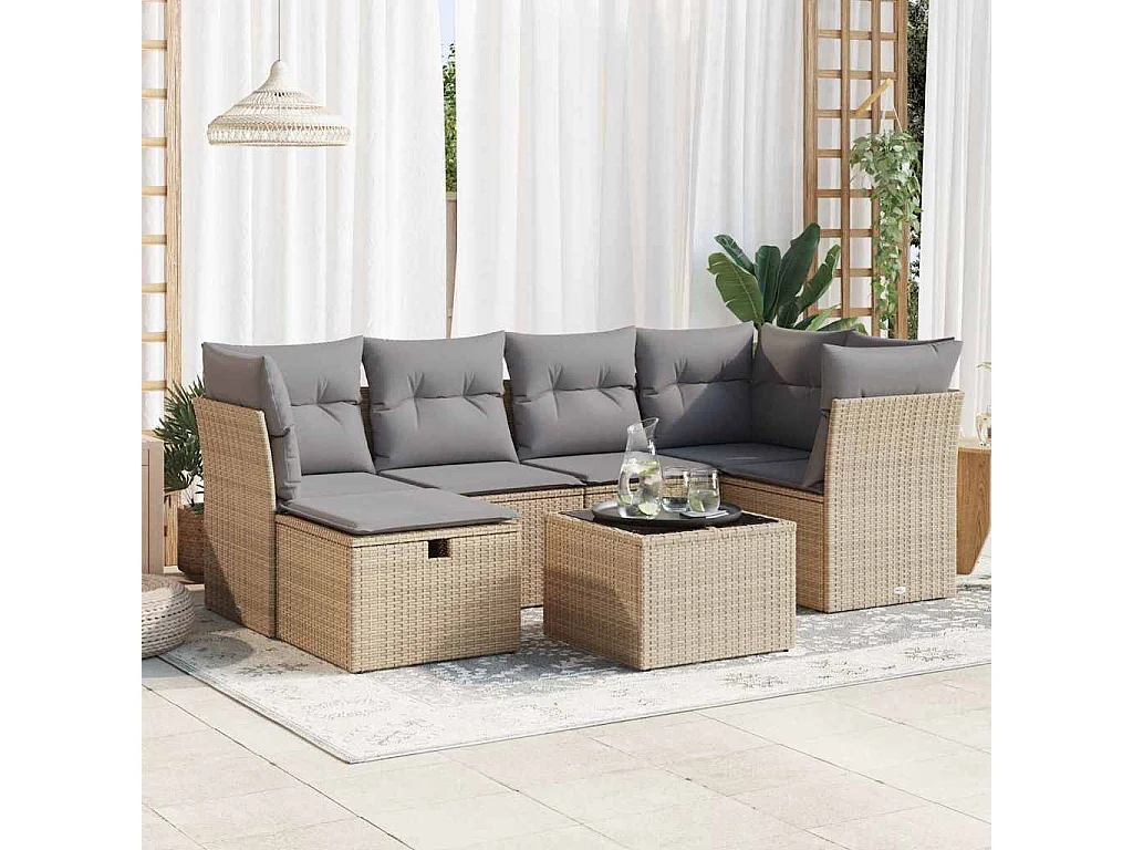 7-tlg. Garten-Sofagarnitur mit Kissen Beige Poly Rattan