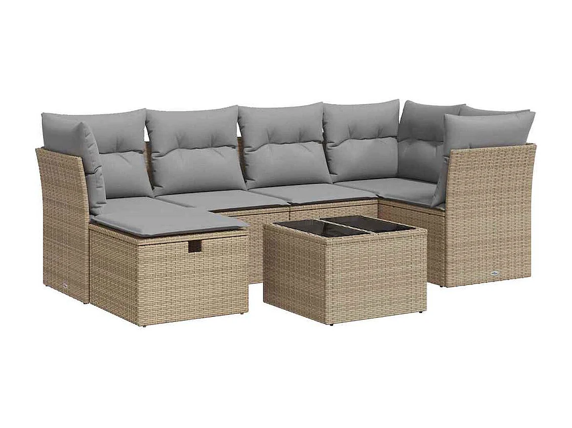 Set Divani da Giardino 7 pz con Cuscini Beige in Polyrattan