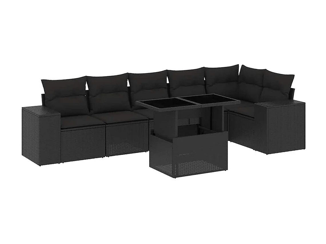 Salon de jardin 7 pcs avec coussins noir résine tressée