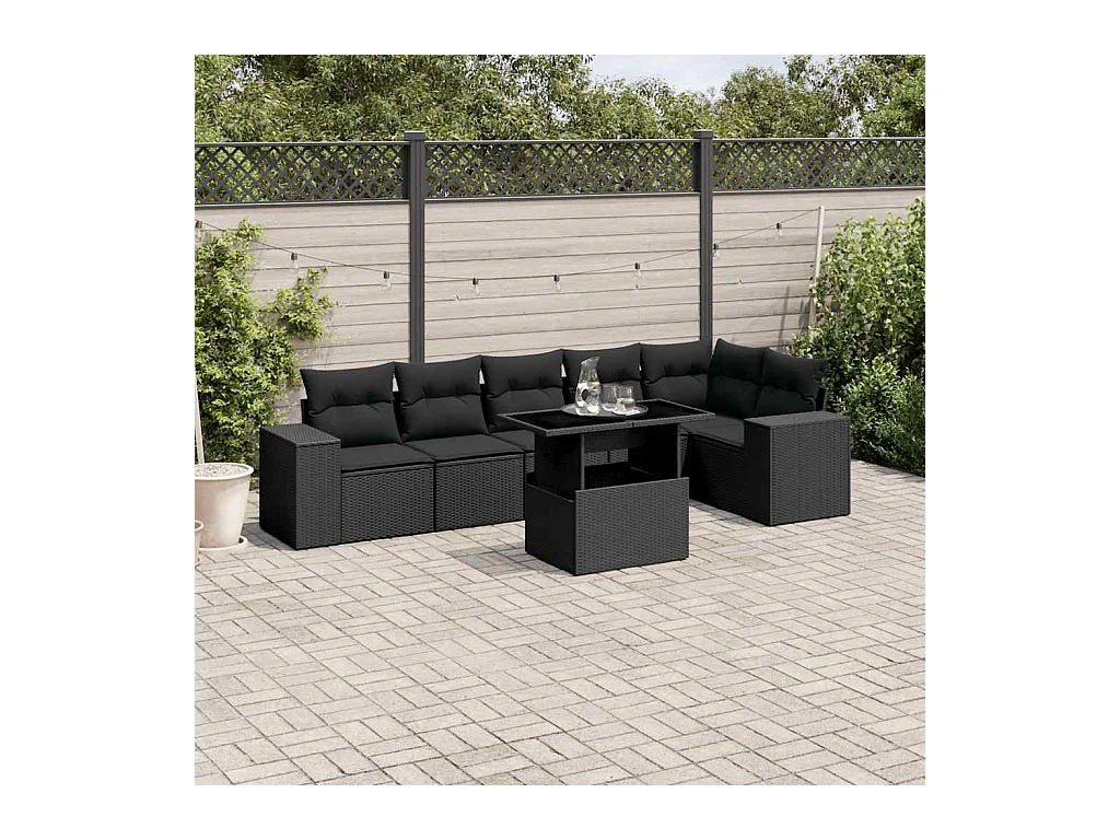 Set Divani da Giardino con Cuscini 7pz Nero Polyrattan