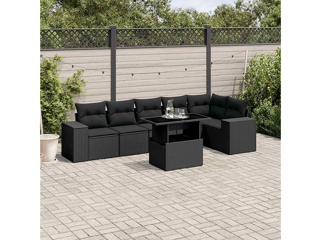 7-delige Loungeset met kussens poly rattan zwart