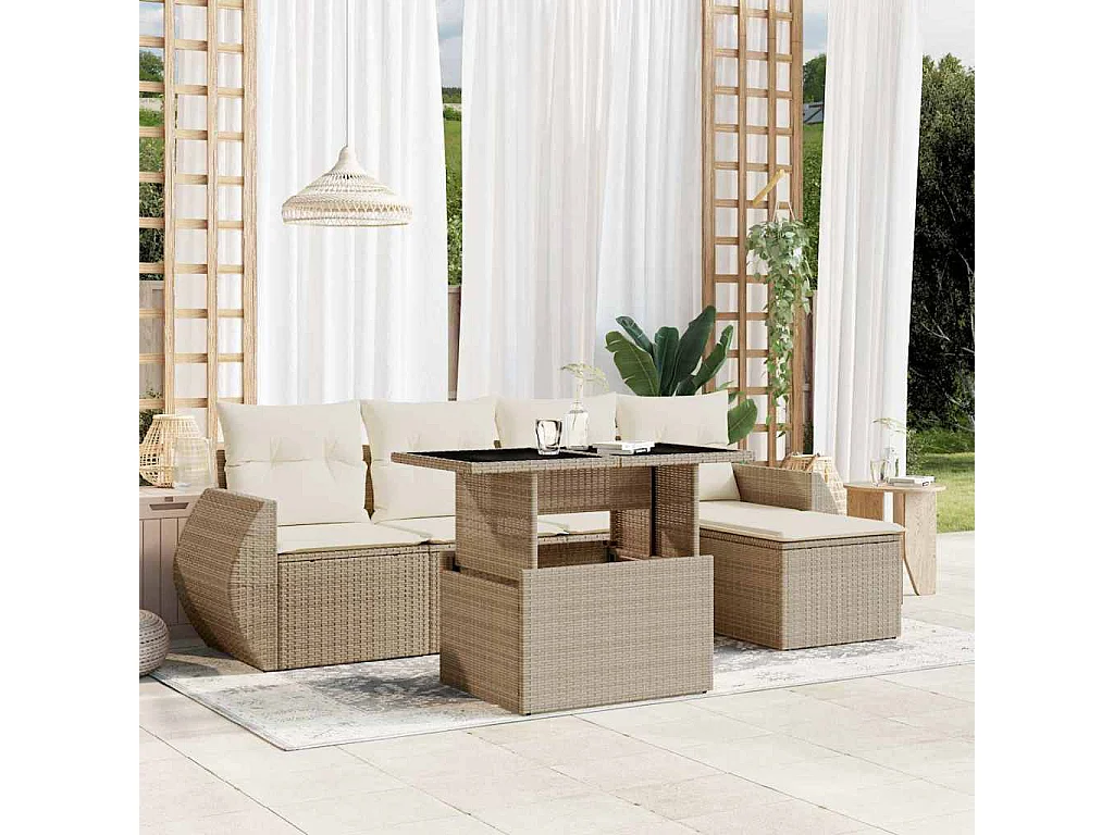 Set Divano da Giardino 6 pz con Cuscini Beige in Polyrattan