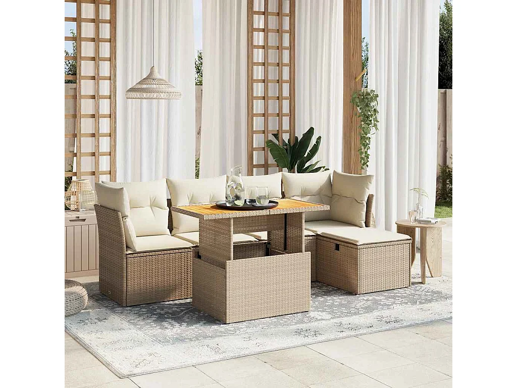 6-tlg. Garten-Sofagarnitur mit Kissen Beige Poly Rattan