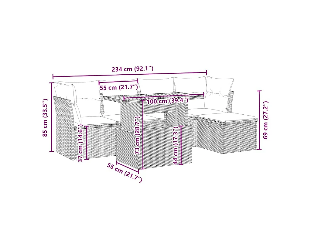 6-delige Loungeset met kussens poly rattan beige