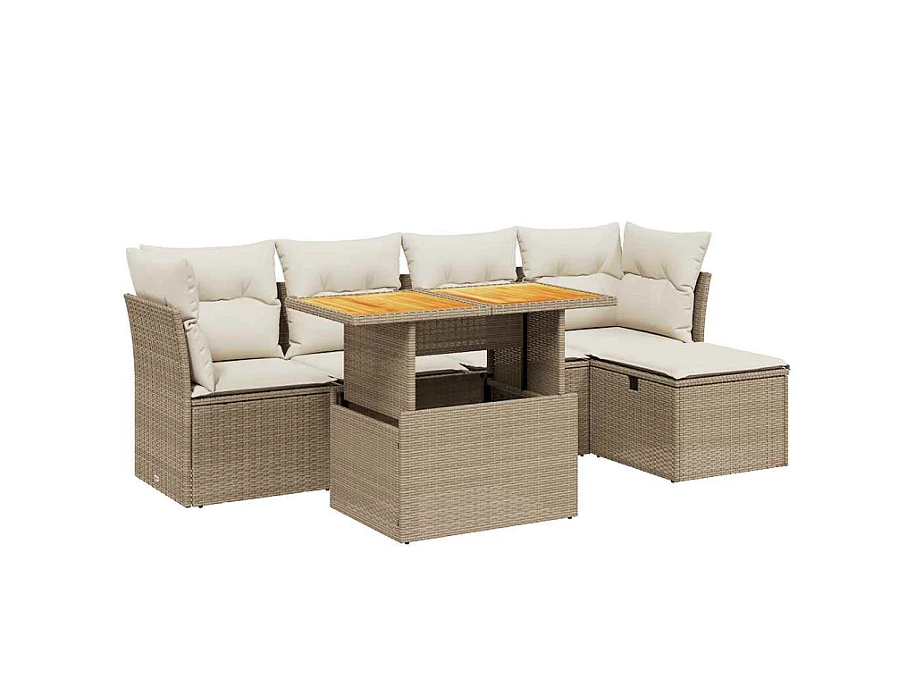 6-delige Loungeset met kussens poly rattan beige