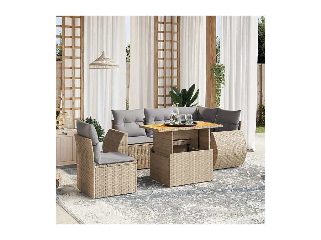 Set Divano da Giardino 6 pz con Cuscini Beige in Polyrattan