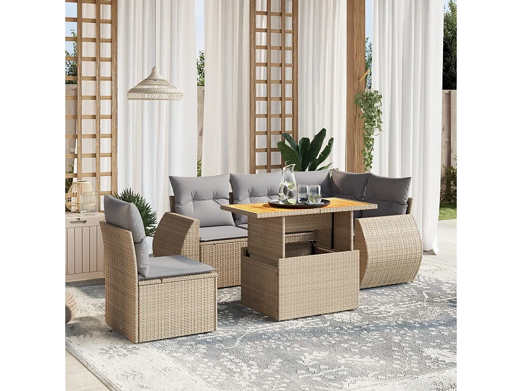 6-tlg. Garten-Sofagarnitur mit Kissen Beige Poly Rattan