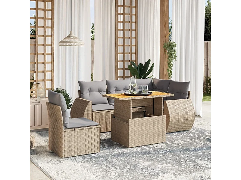 6-tlg. Garten-Sofagarnitur mit Kissen Beige Poly Rattan