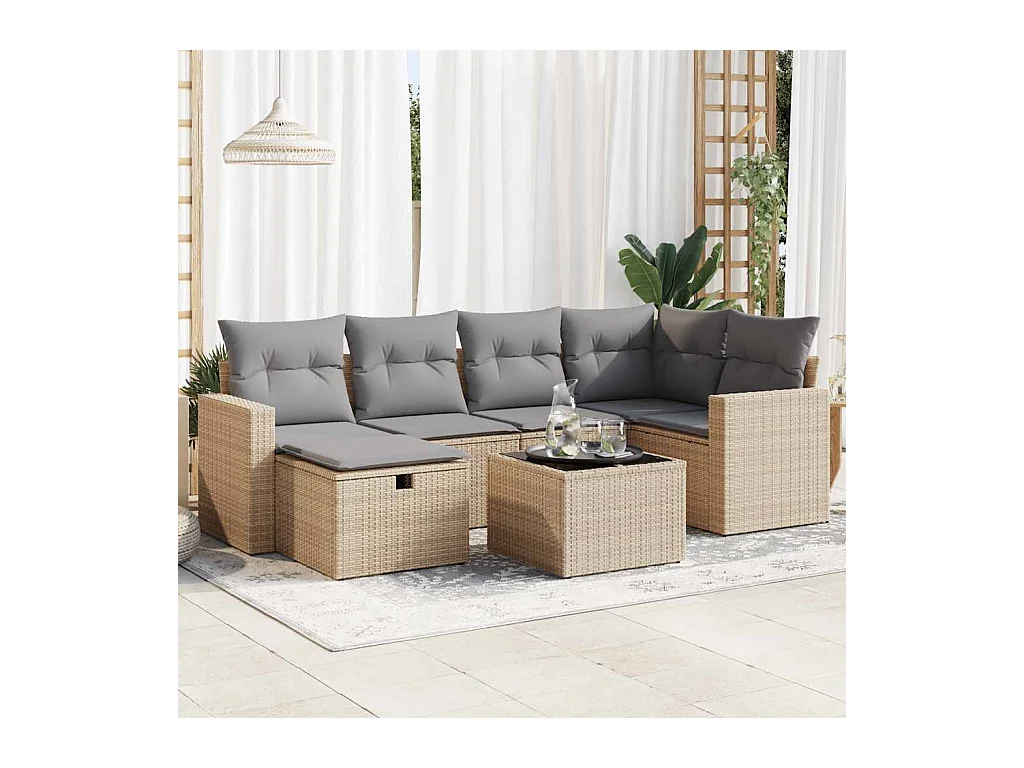 7-delige Loungeset met kussens poly rattan beige