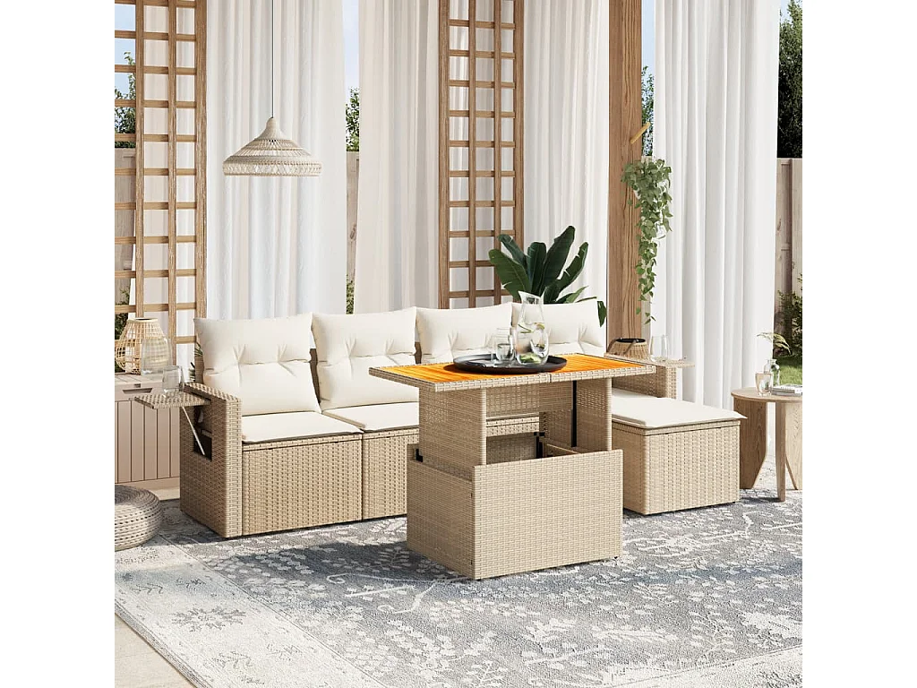 Set Divano da Giardino 6 pz con Cuscini Beige in Polyrattan