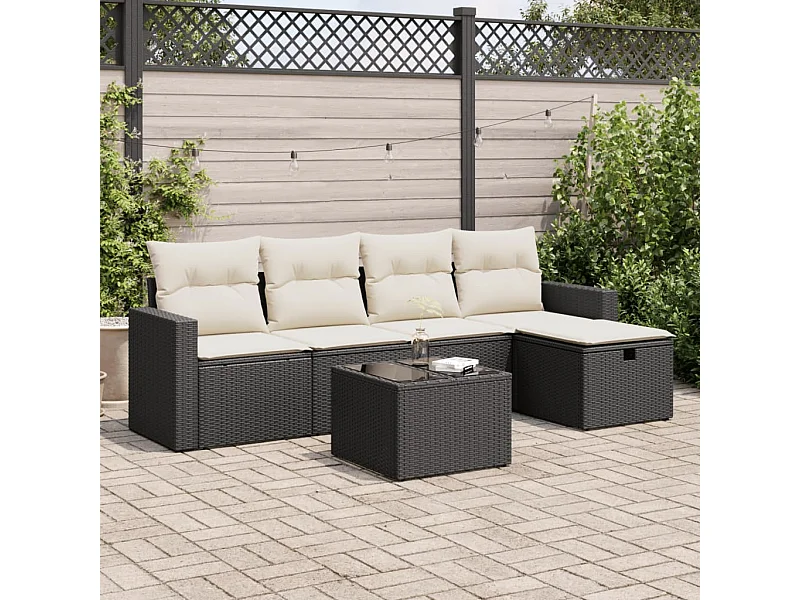 Salon de jardin 6 pcs avec coussins noir résine tressée