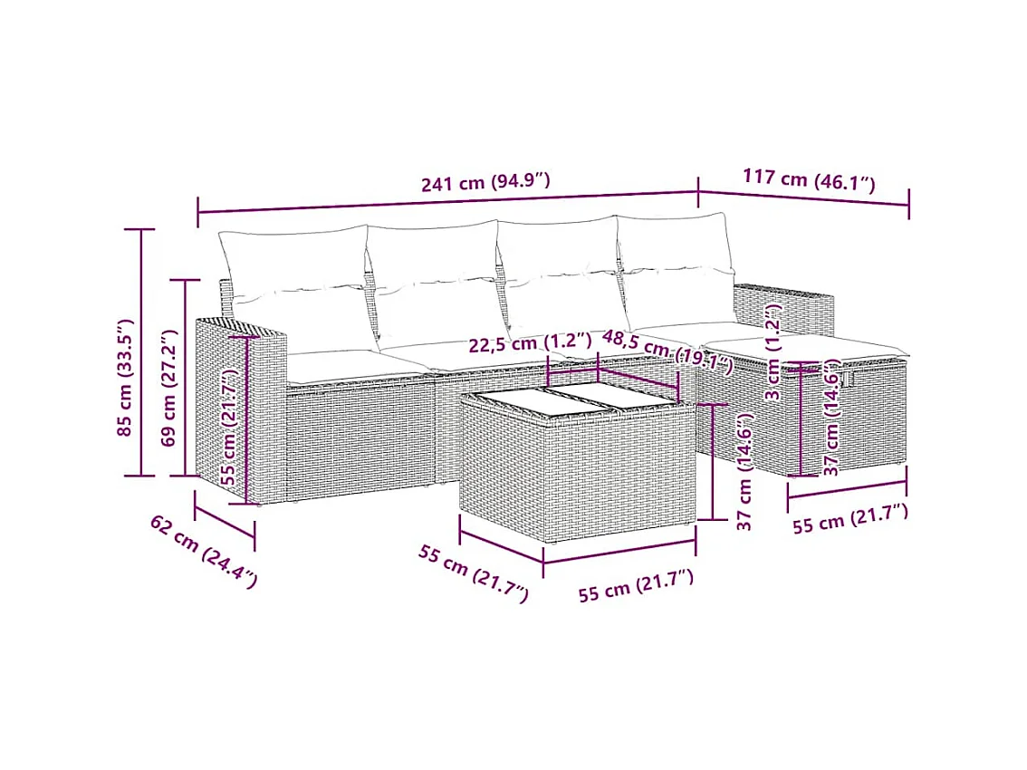 Salon de jardin 6 pcs avec coussins noir résine tressée