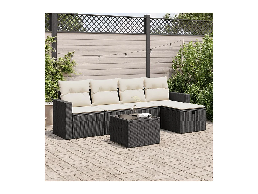 Salon de jardin 6 pcs avec coussins noir résine tressée