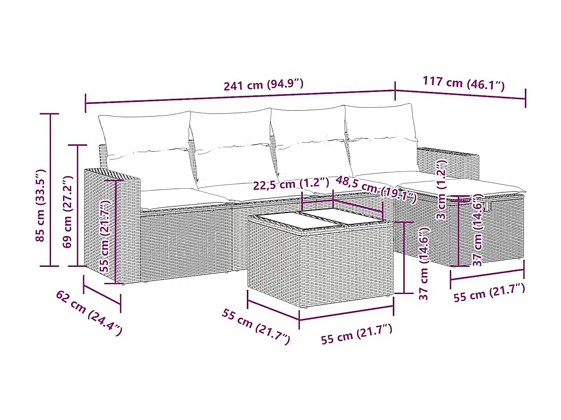 Set de sofás de jardín 6 piezas y cojines ratán sintético negro