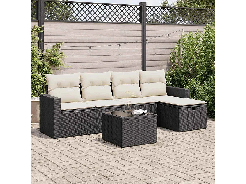 6-delige Loungeset met kussens poly rattan zwart