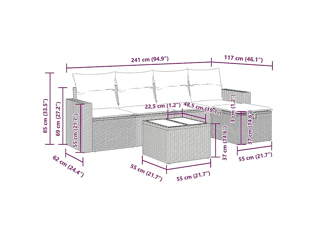 6-delige Loungeset met kussens poly rattan zwart