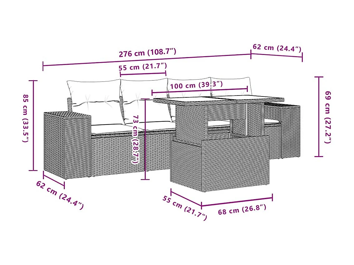 Set Divano da Giardino 5 pz con Cuscini Marrone in Polyrattan