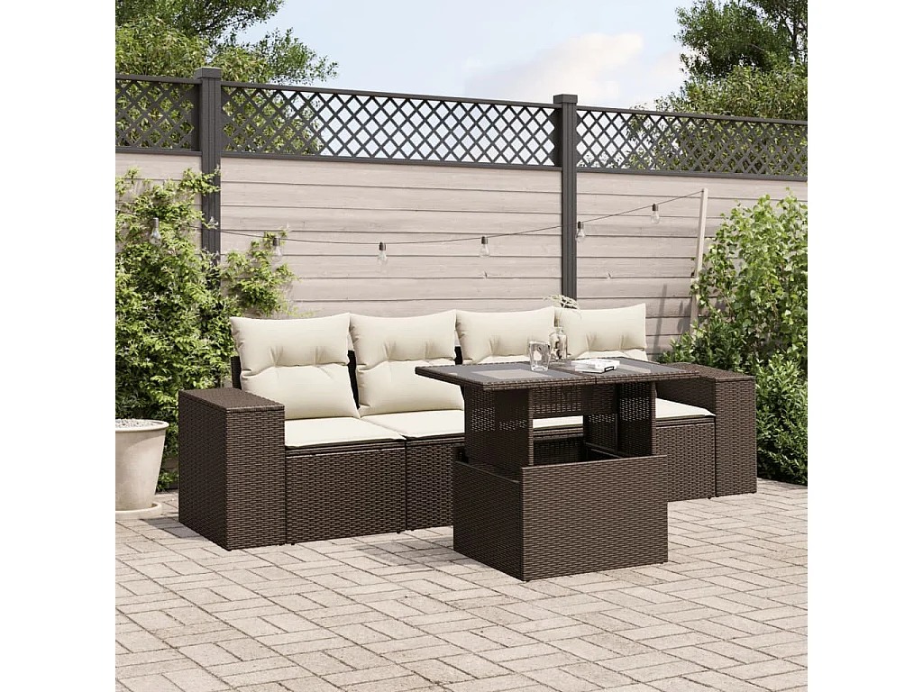Set Divano da Giardino 5 pz con Cuscini Marrone in Polyrattan
