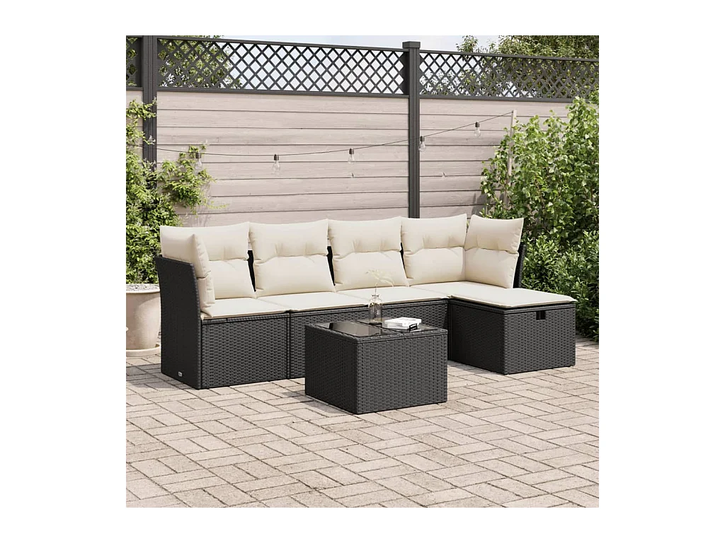Salon de jardin 6 pcs avec coussins noir résine tressée