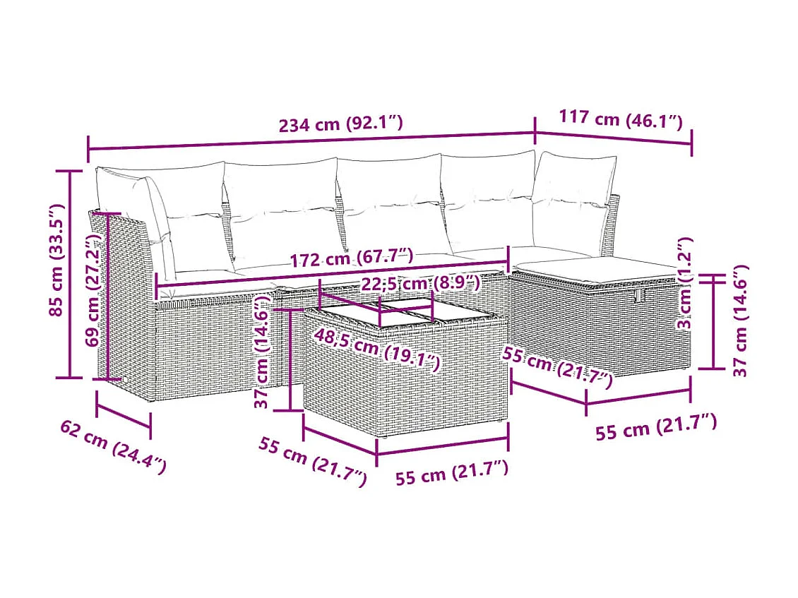 Salon de jardin 6 pcs avec coussins noir résine tressée