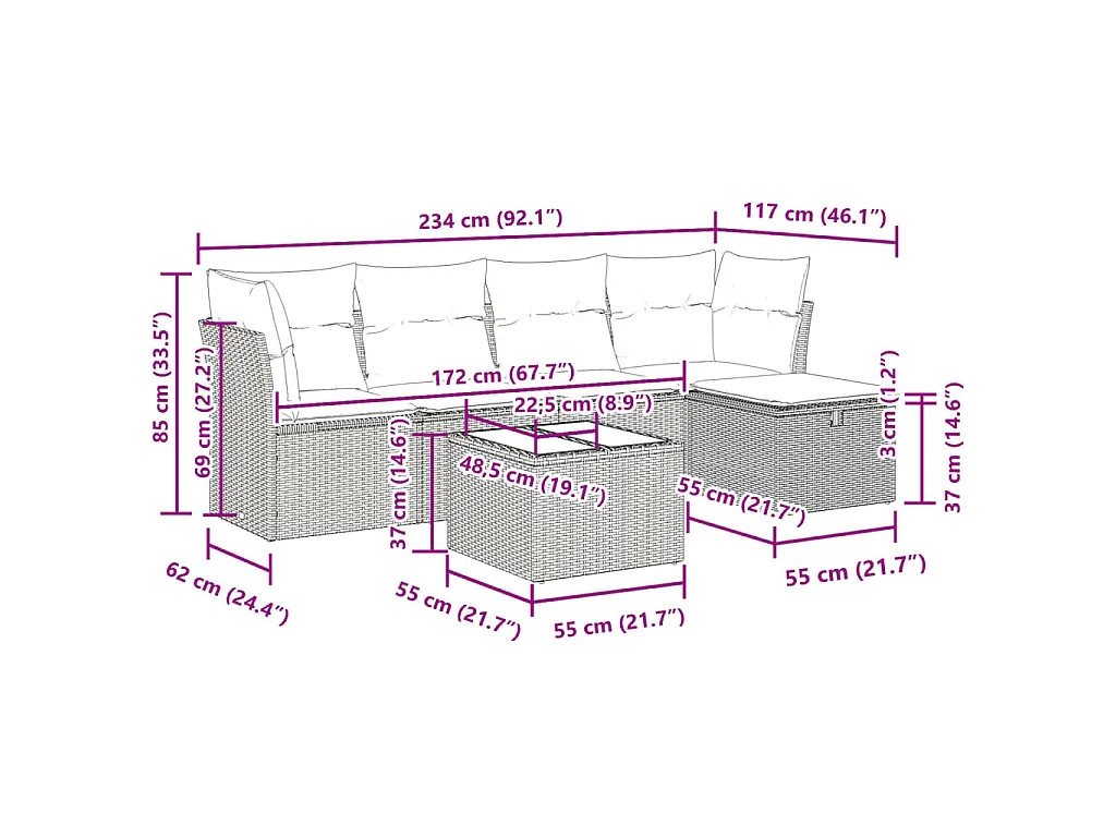 6-tlg. Garten-Sofagarnitur mit Kissen Schwarz Poly Rattan