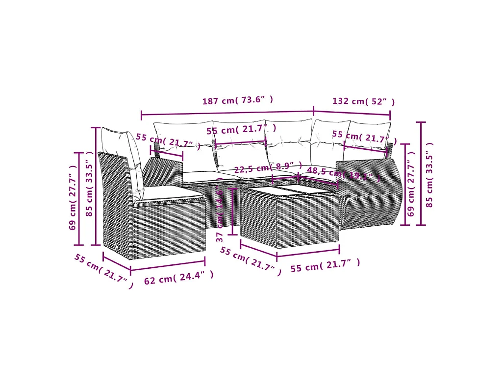 6-tlg. Garten-Sofagarnitur mit Kissen Braun Poly Rattan
