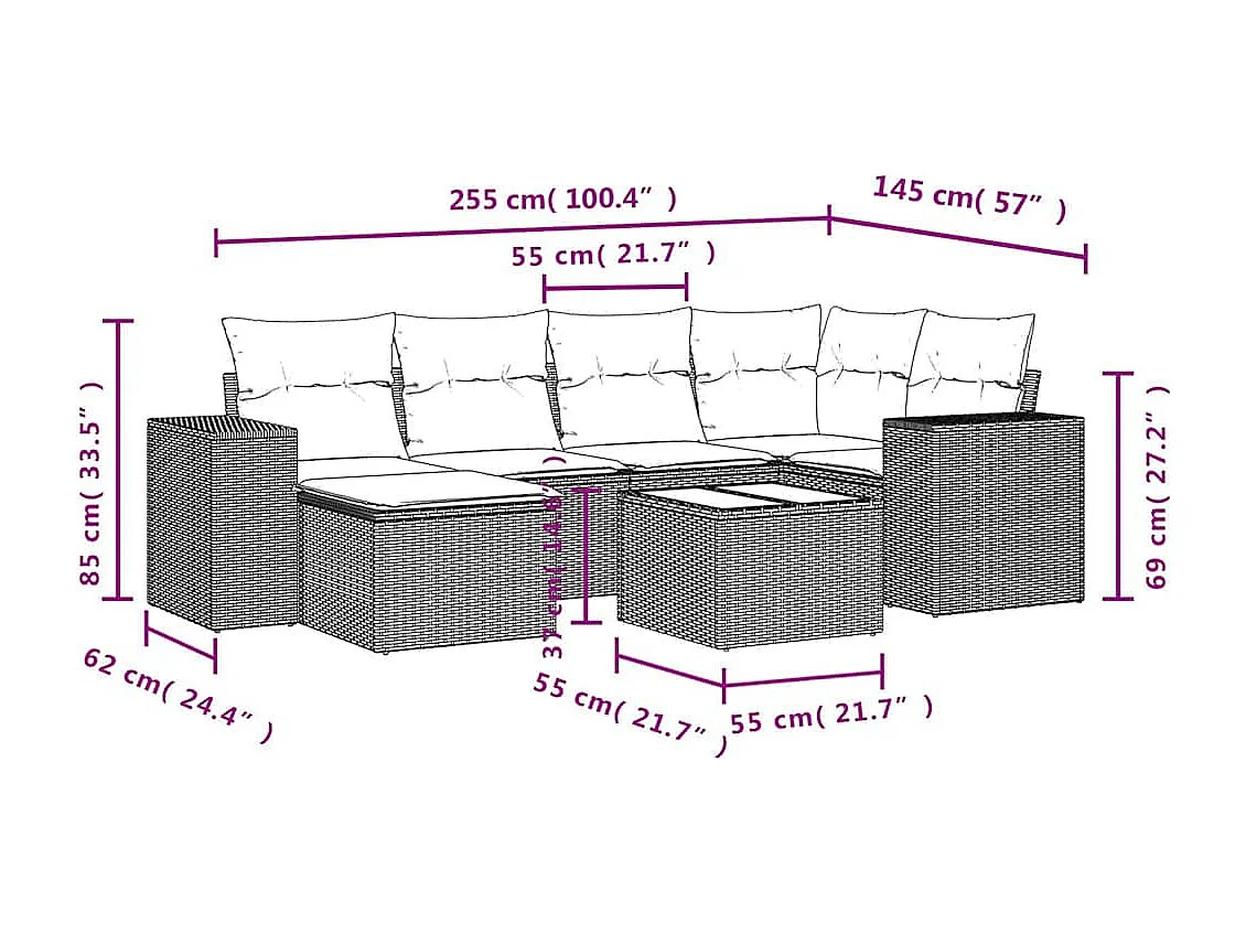 Salon de jardin avec coussins 7 pcs marron résine tressée