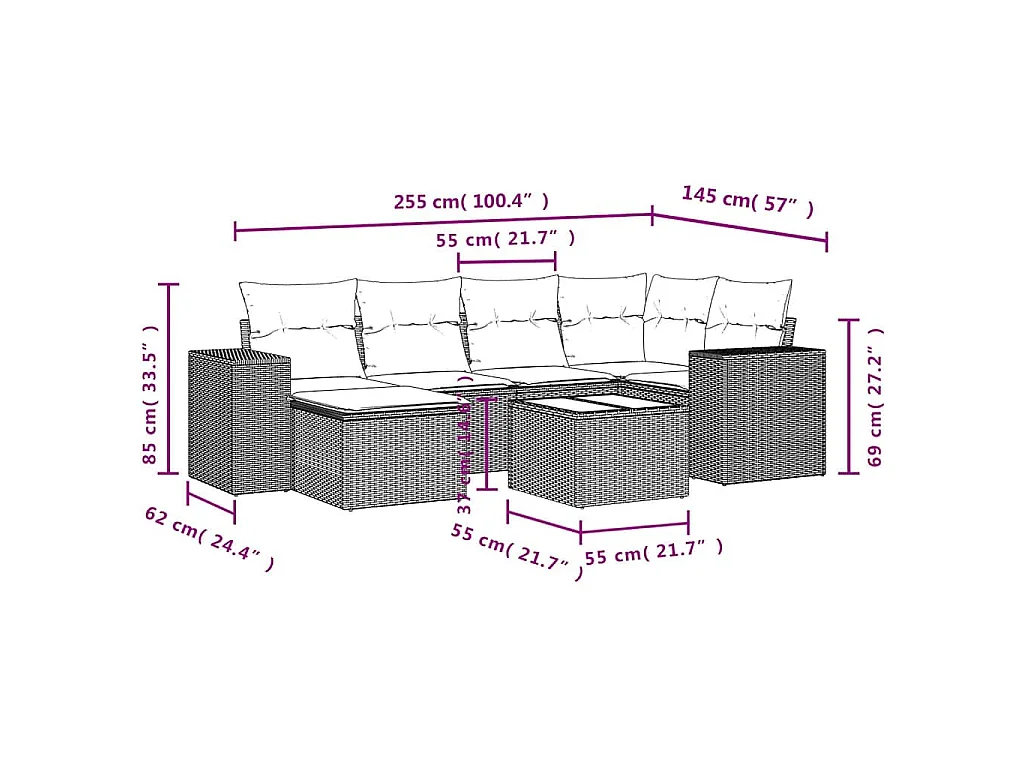 7-delige Loungeset met kussens poly rattan bruin