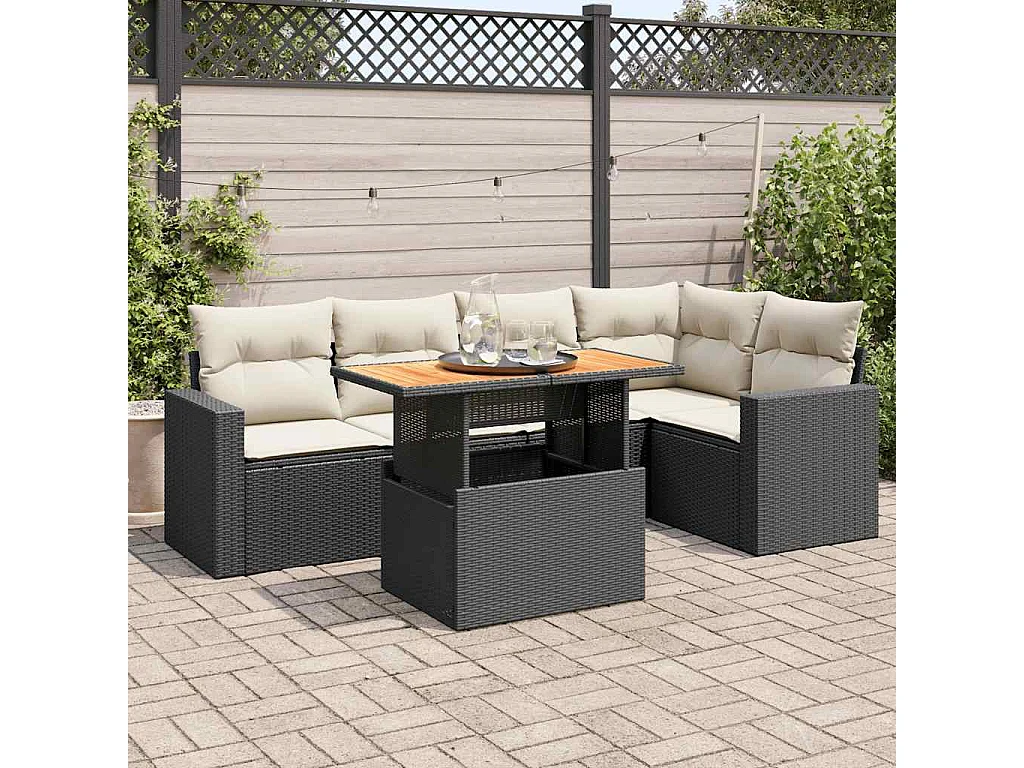 Set de sofás de jardín 6 piezas y cojines ratán sintético negro