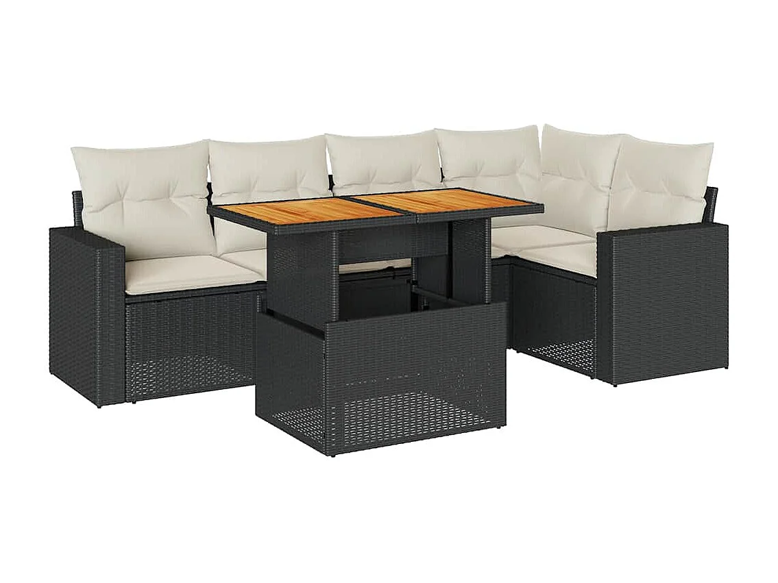 Set de sofás de jardín 6 piezas y cojines ratán sintético negro