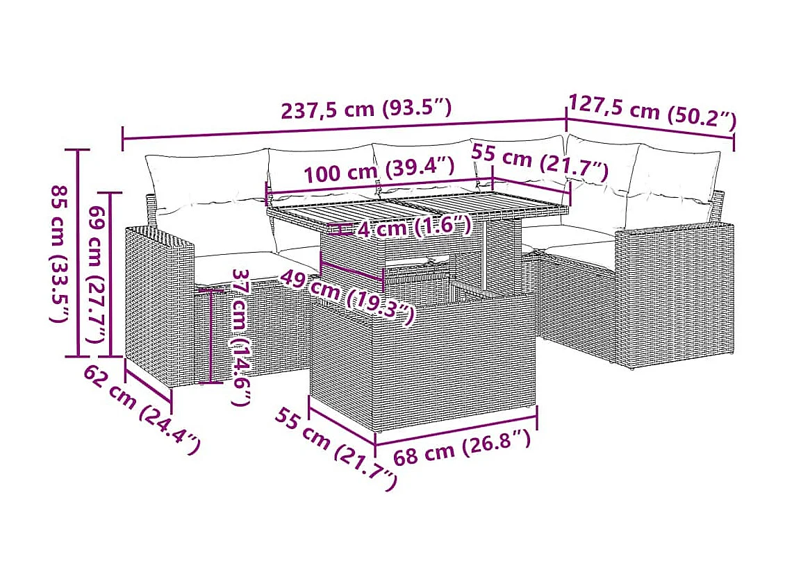 Set de sofás de jardín 6 piezas y cojines ratán sintético negro