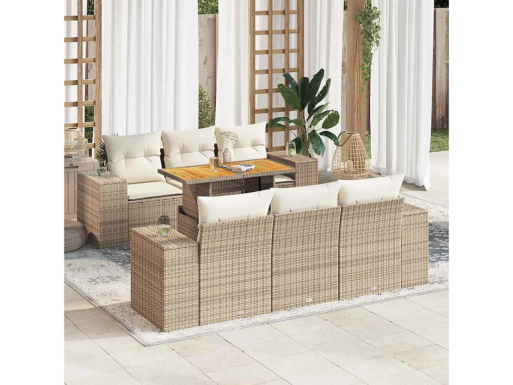 Salon de jardin avec coussins 7 pcs beige résine tressée